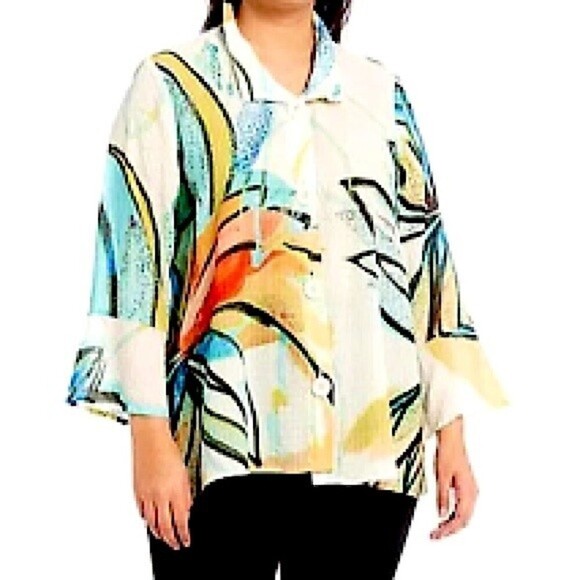 Ali Miles Tops - Ali Miles Artsy Graphic Tropical Floral Lightweight Tunic Button Down Top